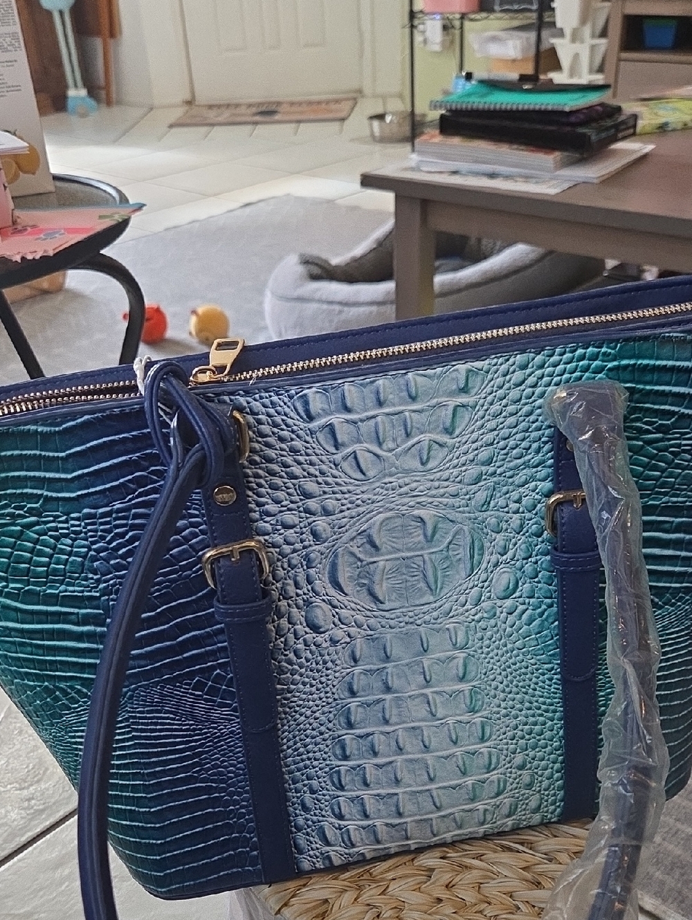 Brand New Blue Ombre Croc-Embossed Tote Bag with Double Handles 3piece Set